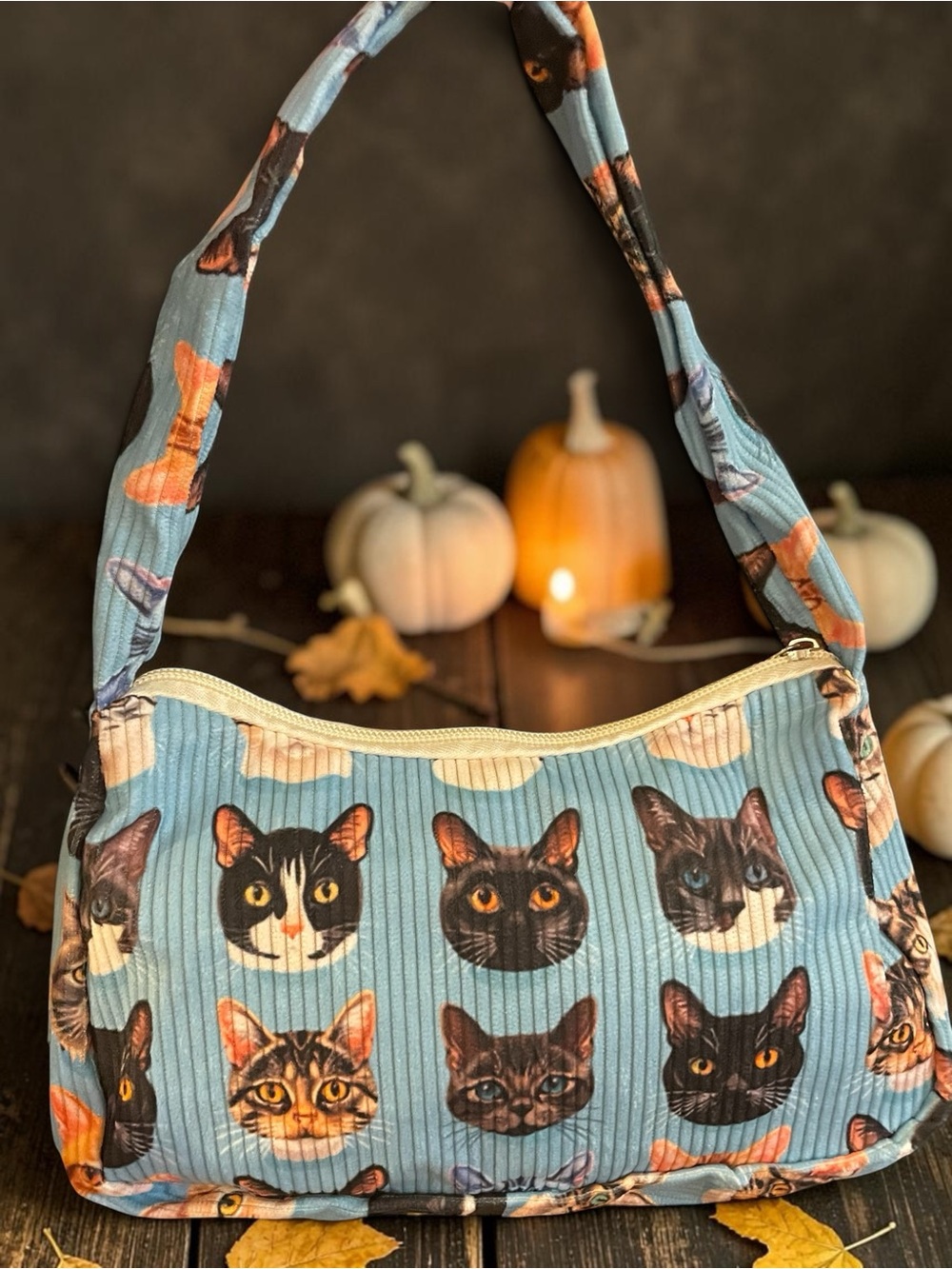 🆕 Cat Heads - Corduroy - Underarm - Tiny Shoulder Bag - Sky Blue